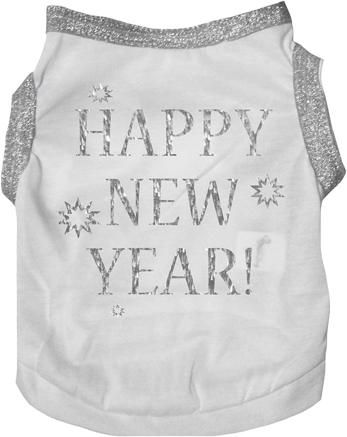 Petitebella Bling Happy New Year Puppy Dog Shirt (White/Sliver, XXX-Large)