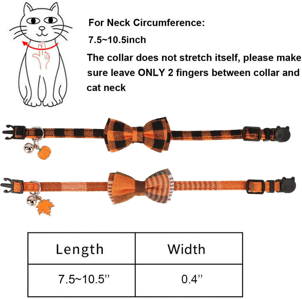Fall Cat Collar Breakaway, Orange Plaid Thanksgiving Cat Bow Tie | Detachable Bowtie Bell, Cute Autumn Charm, Breakaway Buckle, Adjustable, For Cat Kitten, Fall Thanksgiving Holiday Party