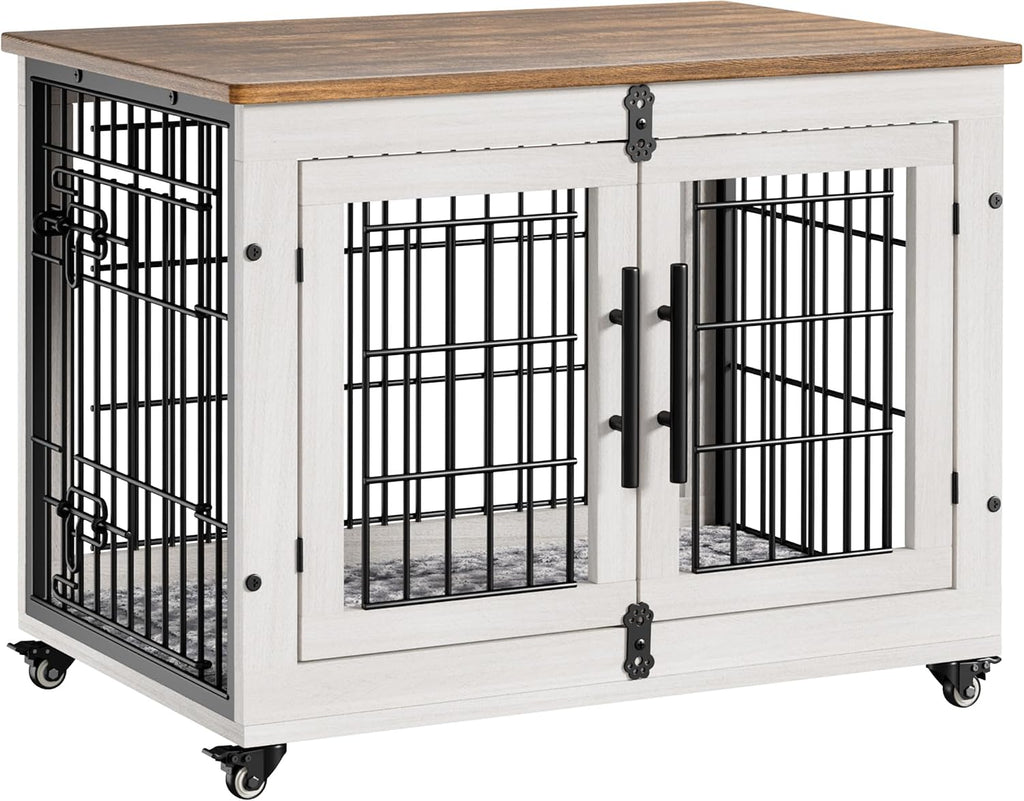 Medium Dog Crate Furniture, 32'' Heavy Duty Kennel w/Cushion & Wheels | White, Double Doors, Wooden Dog Cage, Chew-Resistant, End Table, Decorative, 27"/32"/38"/44" Options, Indoor