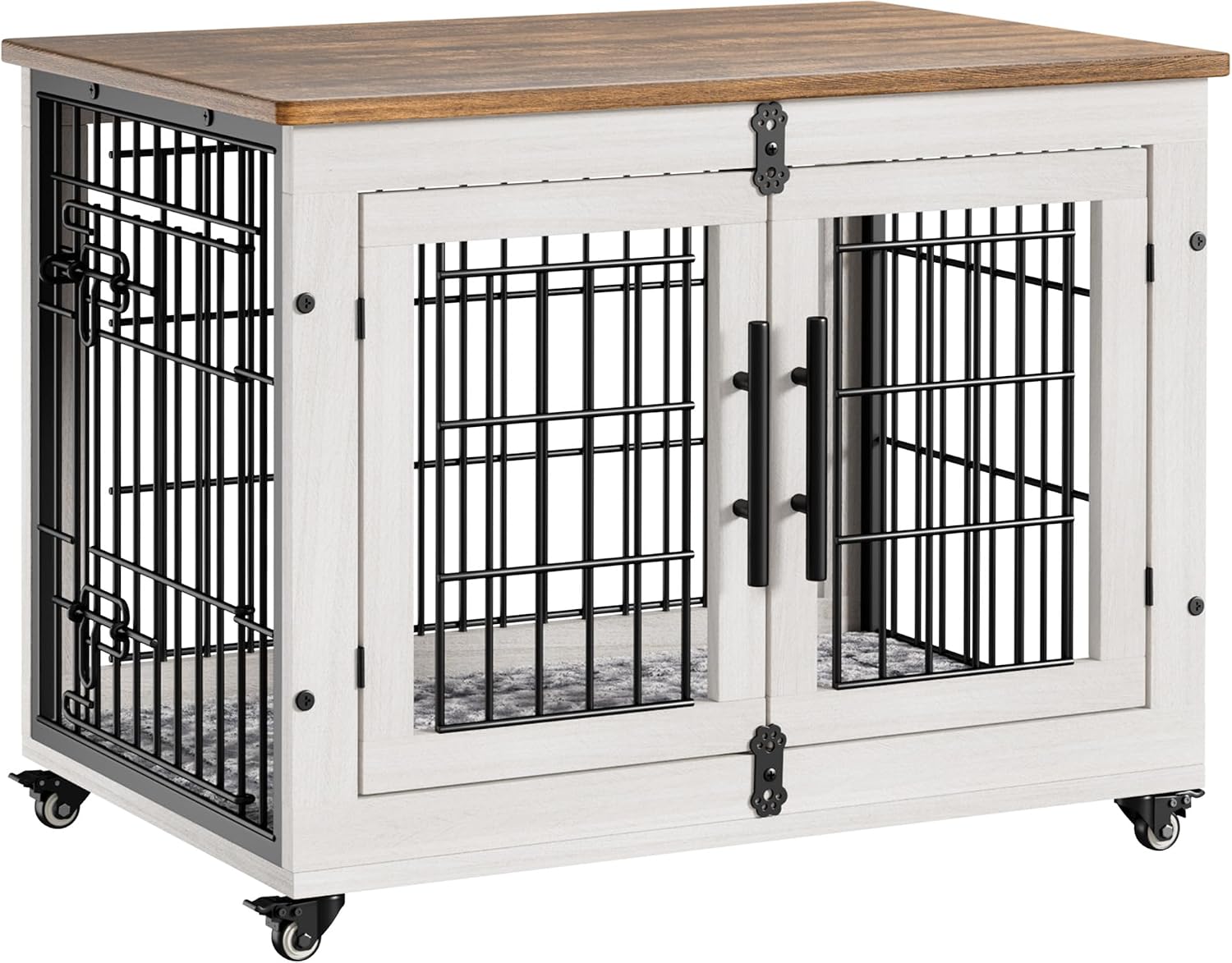 Medium Dog Crate Furniture, 32'' Heavy Duty Kennel w/Cushion & Wheels | White, Double Doors, Wooden Dog Cage, Chew-Resistant, End Table, Decorative, 27"/32"/38"/44" Options, Indoor