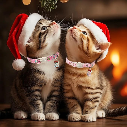 2 Pack Christmas Cat Collars - Breakaway Cat Collar with Bell, Pink and Green Christmas Tree Pendant, Winter Adjustable Kitten Collars for Girl Boy Cats, Cozy Christmas