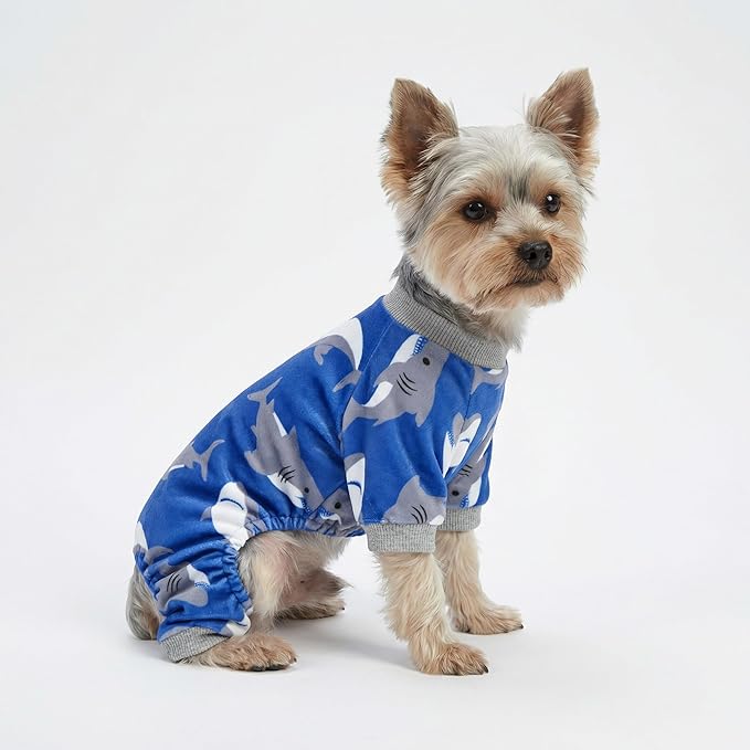 Fitwarm Shark Dog Pajamas, Dog Clothes for Small Dogs Girl Boy, Pet Onesie with Feet, Cat Outfit, Lightweight Velvet, Royal Blue, Medium
