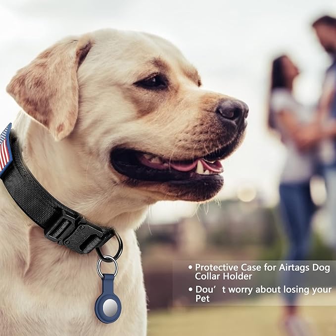 DAGANXI Tactical Dog Collar Leash Set, Adjustable Military Training Nylon Dog Collar with Controll Handle and Heavy Metal Buckle for Medium and Large Dogs，with Patches and Airtags Case (XL, Black-SET)