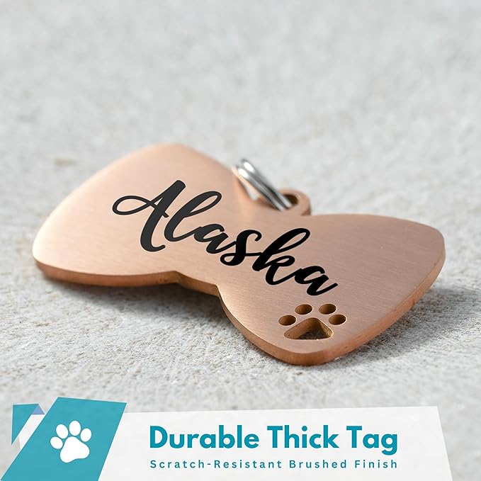 Ultra Joys Dog Tags Personalized for Pets - Hollow Paw Custom Pet ID Tag - Engraved Dog Tag for Small, Large Dogs - Large Bow Tie in Rose