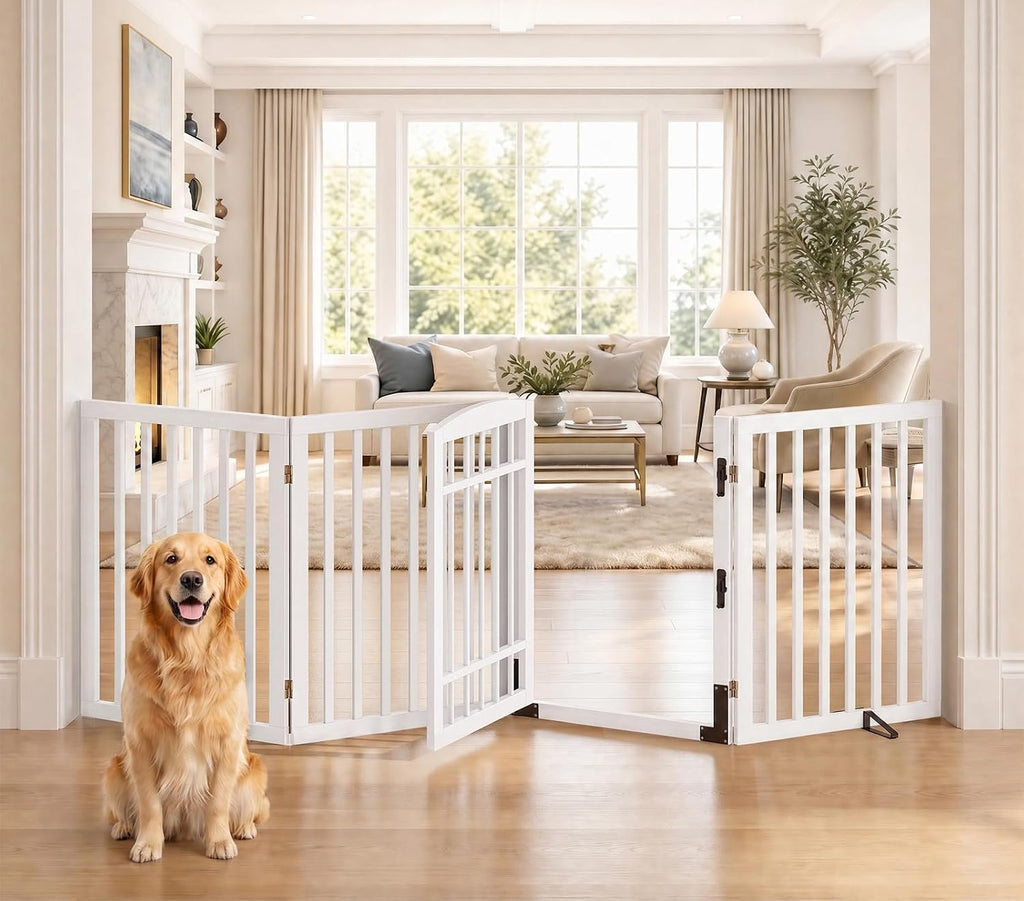 Homykic Dog Gate Indoor, 88.2" W x 30" H Extra Wide Foldable Bamboo Pet Gate with Door, No Assembly Freestanding Dog Fence with 2 Support Feet & 360°Hinges for Doorways Hallways (White, 4 Panels)