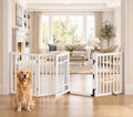 Homykic Dog Gate Indoor, 88.2" W x 30" H Extra Wide Foldable Bamboo Pet Gate with Door, No Assembly Freestanding Dog Fence with 2 Support Feet & 360°Hinges for Doorways Hallways (White, 4 Panels)
