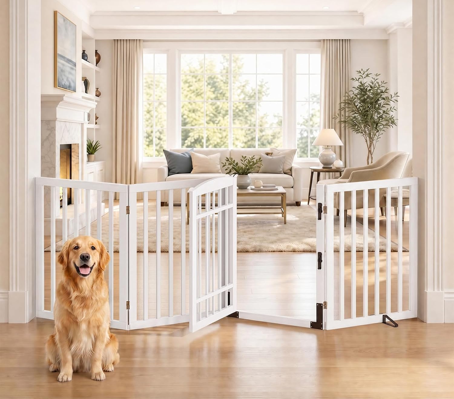 Homykic Dog Gate Indoor, 88.2" W x 30" H Extra Wide Foldable Bamboo Pet Gate with Door, No Assembly Freestanding Dog Fence with 2 Support Feet & 360°Hinges for Doorways Hallways (White, 4 Panels)