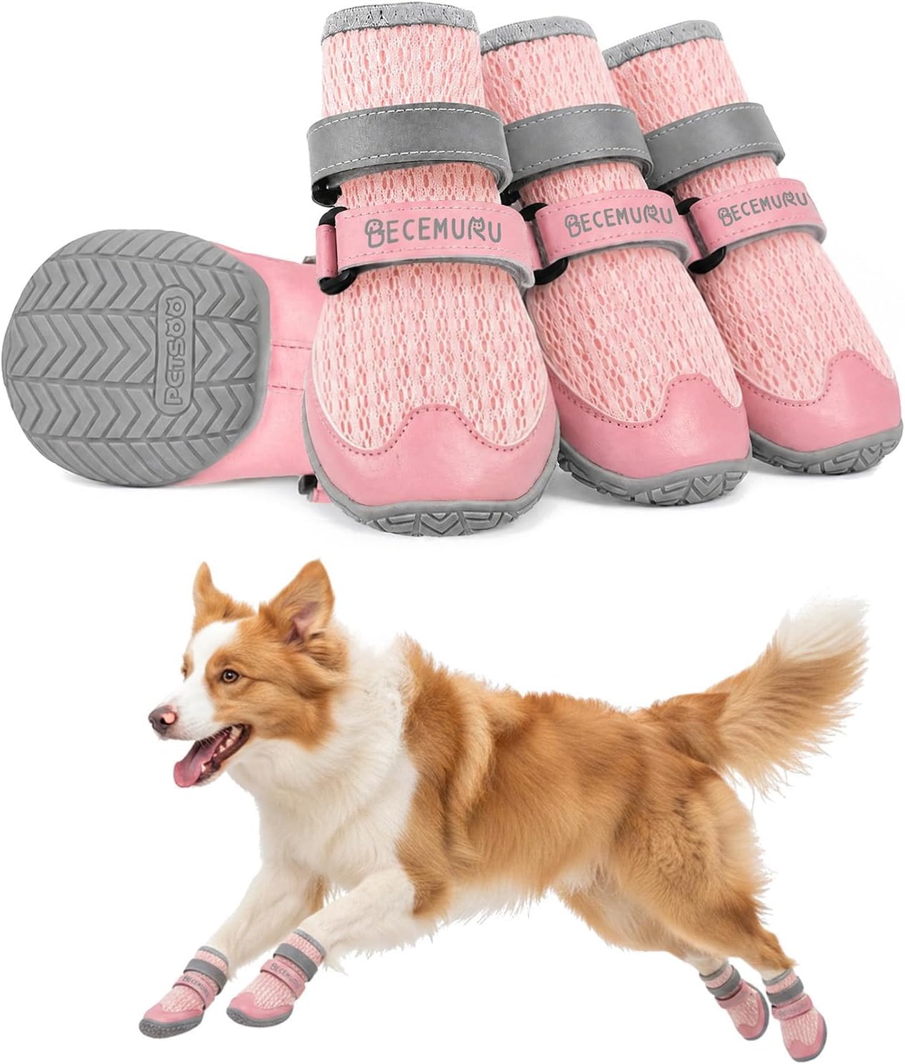 BECEMURU Dog Shoes for Summer, Double-Straps Anti-Slip Dog Boots & Paw Protectors for Hot Pavement, Breathable & Light Weight Outdoor Walking Hiking Pink Size 1