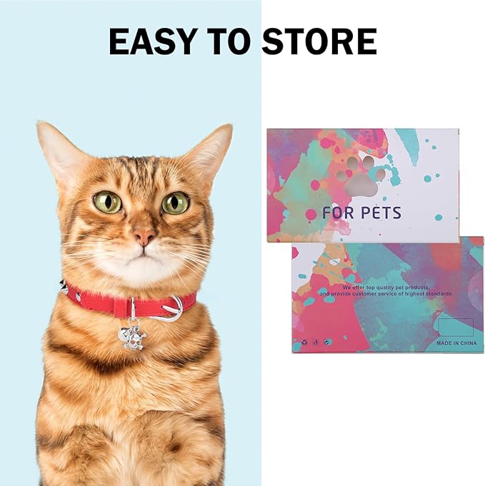 Leather Cat Collars for Boy Girl Cats with Bell and Safety Elastic Belt, Personalized Rivets Stud Adjustable Safe Buckle Collar with Skull Charm for Kitty Small Pets, Red 7"-9"