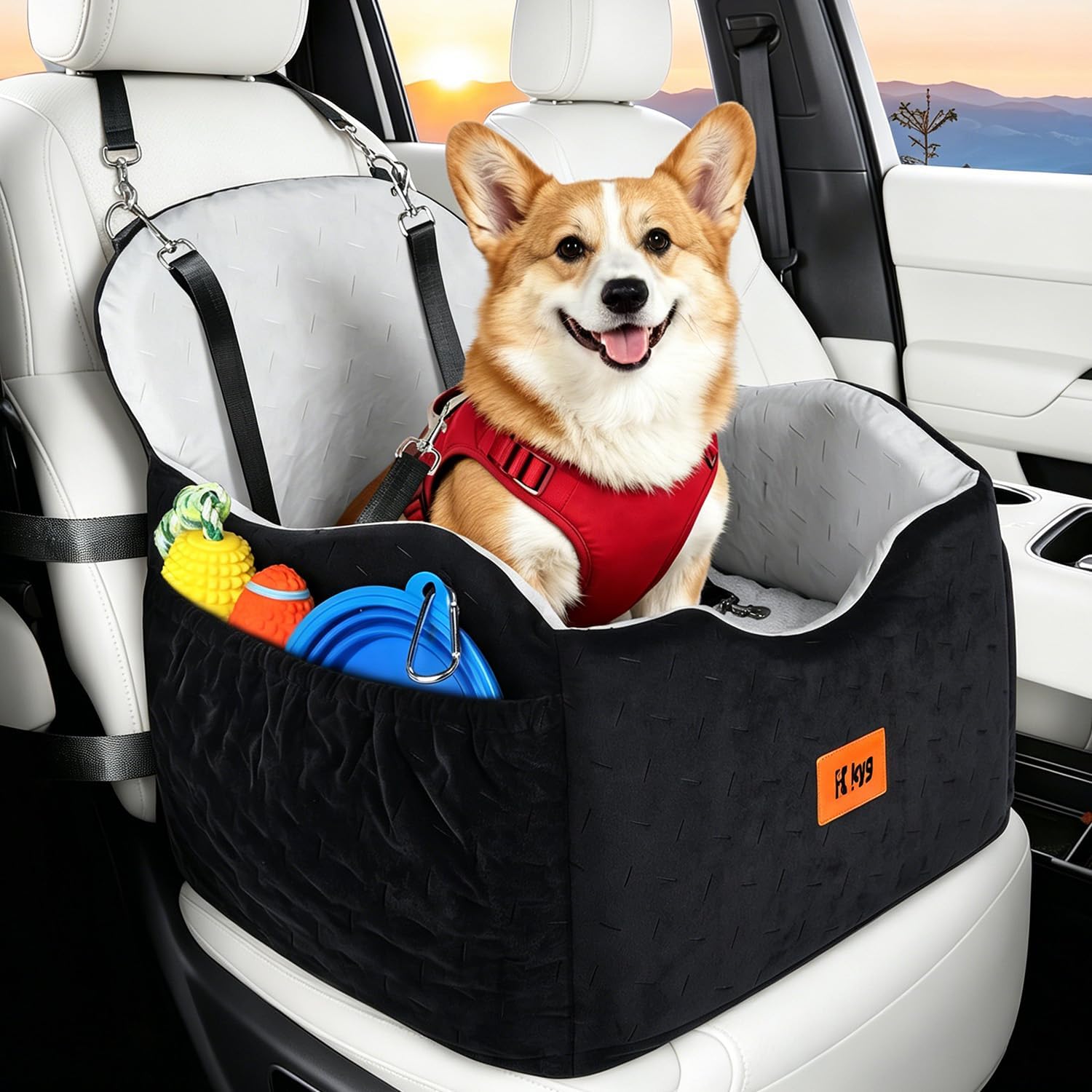 KYG Dog Car Seat for Small/Medium Dogs Under 35lbs | Waterproof, Non-Slip, Memory Foam, Harness, Removable Washable Cover, Storage Pockets, 2 Cushions (Warm/Cool)