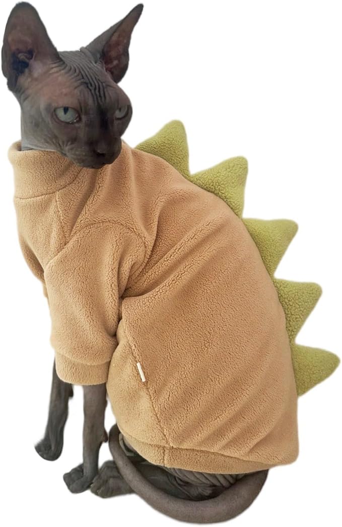 Dinosaur Sphynx Cat Clothes, Soft Polar Fleece Sweater for Cat, Elastic Pet Clothes Thick Winter Warm Outfit for Hairless Cat, Devon, Cornish, Small Dogs Apparel with Sleeves (Khaki, Small)