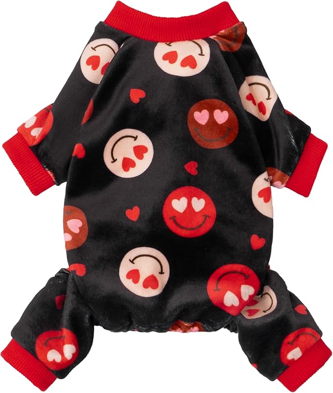Fitwarm Hearts Eyes Smily Face Dog Pajamas, Cozy Valentines Outfit for Small Dogs Boy Girl, Festive Pet Clothes, Black, Red, XS