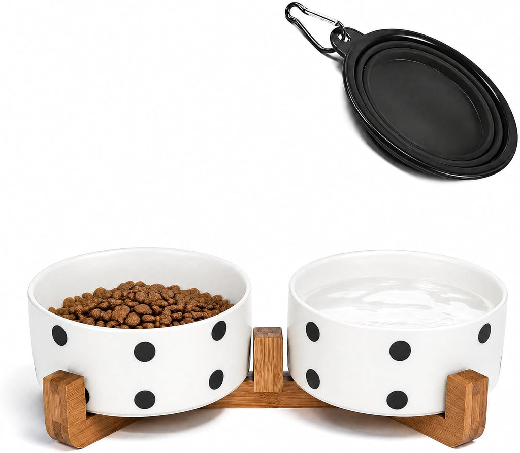 Petygooing Ceramic Dog Bowl Set with Stand,Cat Pet Food and Water Dishes,Small Dog Bowls Anti -Slip Set of 2 Cat Bowls Pet Food Dish Small Size Pet (13.5OZ/5.1 in) Black Dot