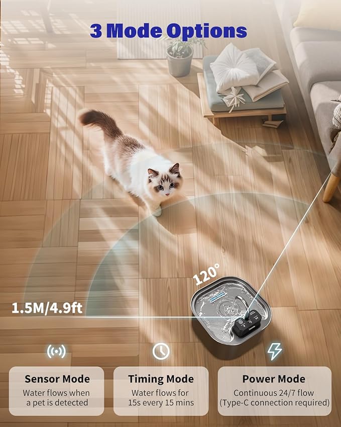 Wireless Cat Water Fountain Stainless Steel 3.2L/108oz, Battery Operated Pet Fountain with 3 Modes, Cordless Pet Water Dispenser for Cats and Dogs