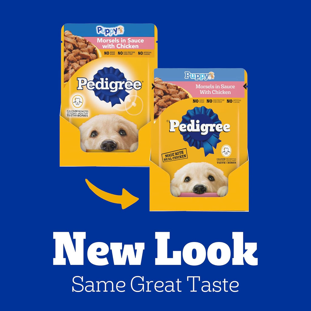 Pedigree Puppy Morsels Wet Dog Food Pouch, Chicken, 3.5 oz, 16 Count | Steam cooked, high quality animal protein, DHA brain support, calcium for teeth & bones, topper or complete meal