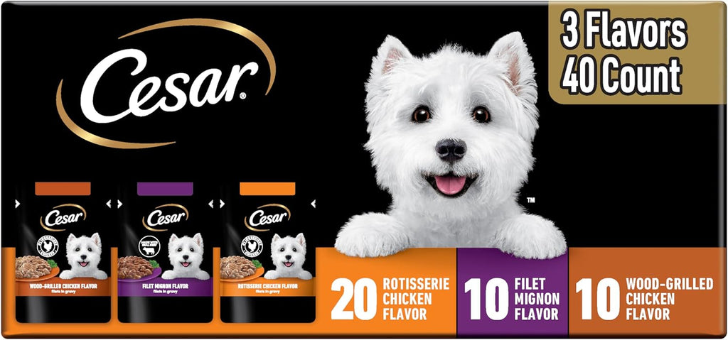 Cesar Mini-Pouch Wet Dog Food, Filet Variety Pack, 1.76 oz, 40 Count | 3 flavors: Rotisserie Chicken, Filet Mignon, Wood-Grilled Chicken, real chicken or beef, easy peel-and-serve, protein-packed