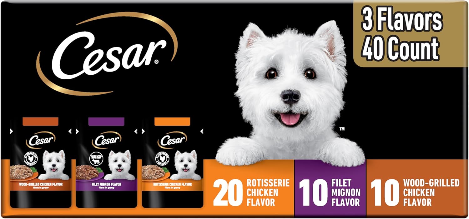 Cesar Mini-Pouch Wet Dog Food, Filet Variety Pack, 1.76 oz, 40 Count | 3 flavors: Rotisserie Chicken, Filet Mignon, Wood-Grilled Chicken, real chicken or beef, easy peel-and-serve, protein-packed