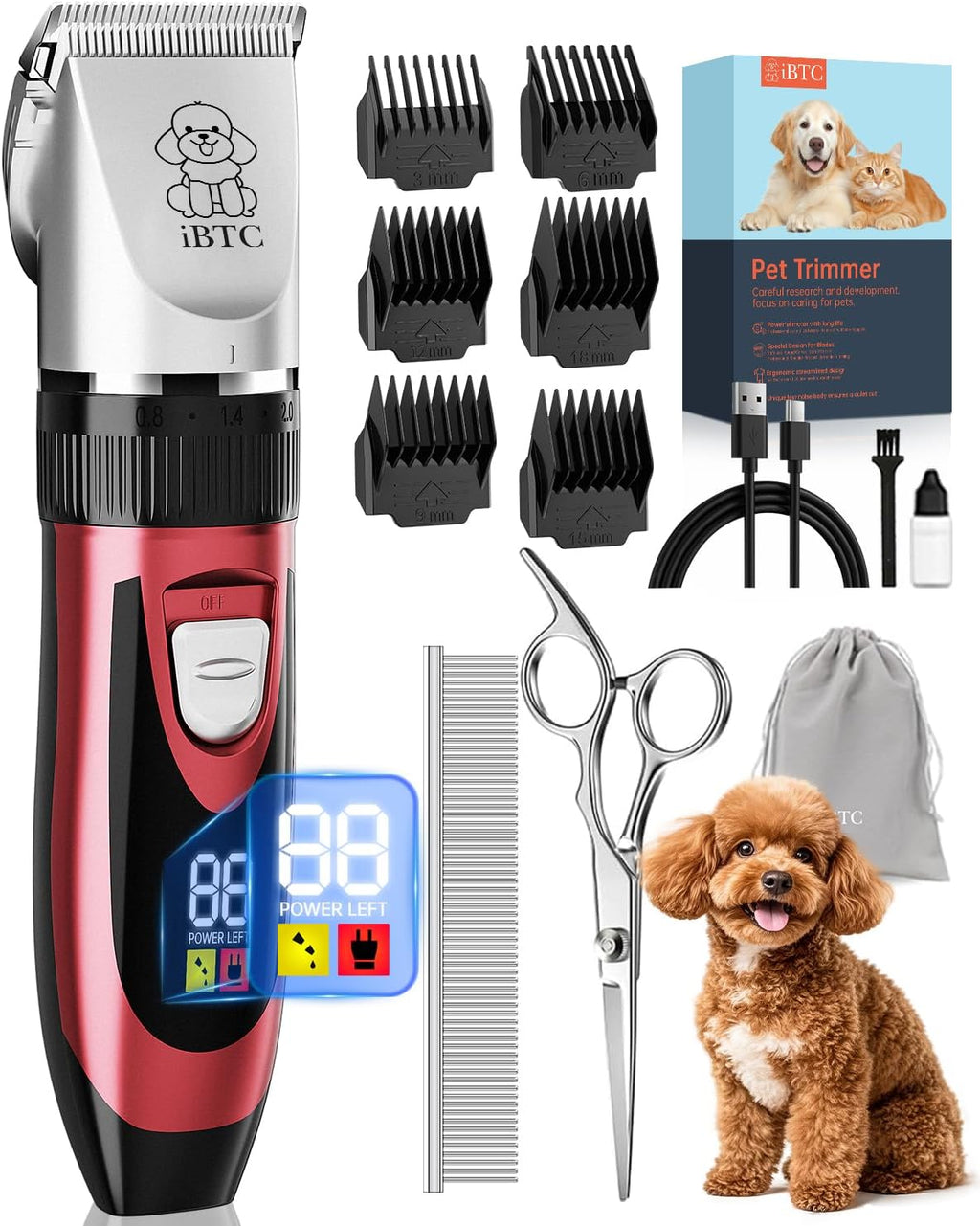 iBTC Dog Shaver Clippers Low Noise Rechargeable Cordless Electric Quiet Hair Clippers Set for Dogs Cats Pets Features a Ceramic Blade Head that is Removable (red)