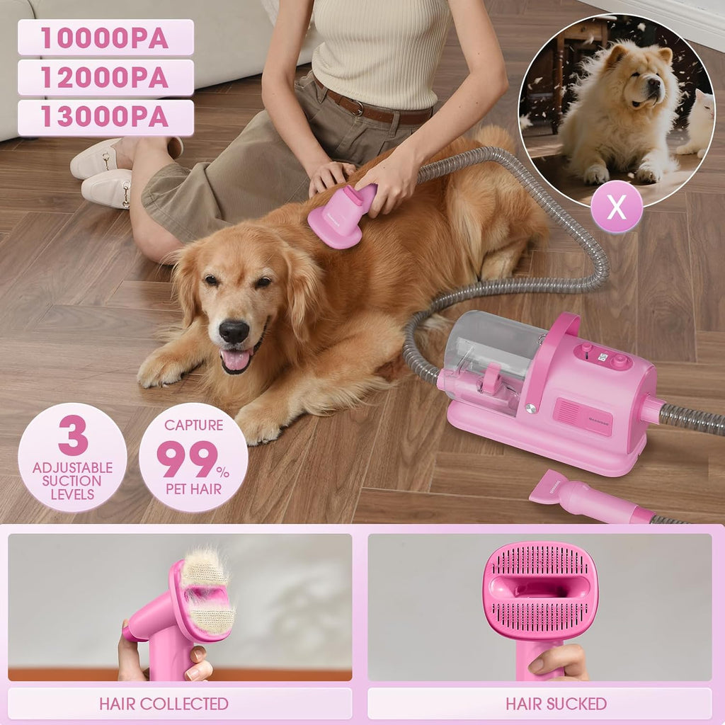 Dog Grooming Vacuum and Dryer Kit, Blower for Pet Vacuum Grooming 7 in 1 with Clippers for Dogs Hair Shedding Brush Remover Tools at Home Pink