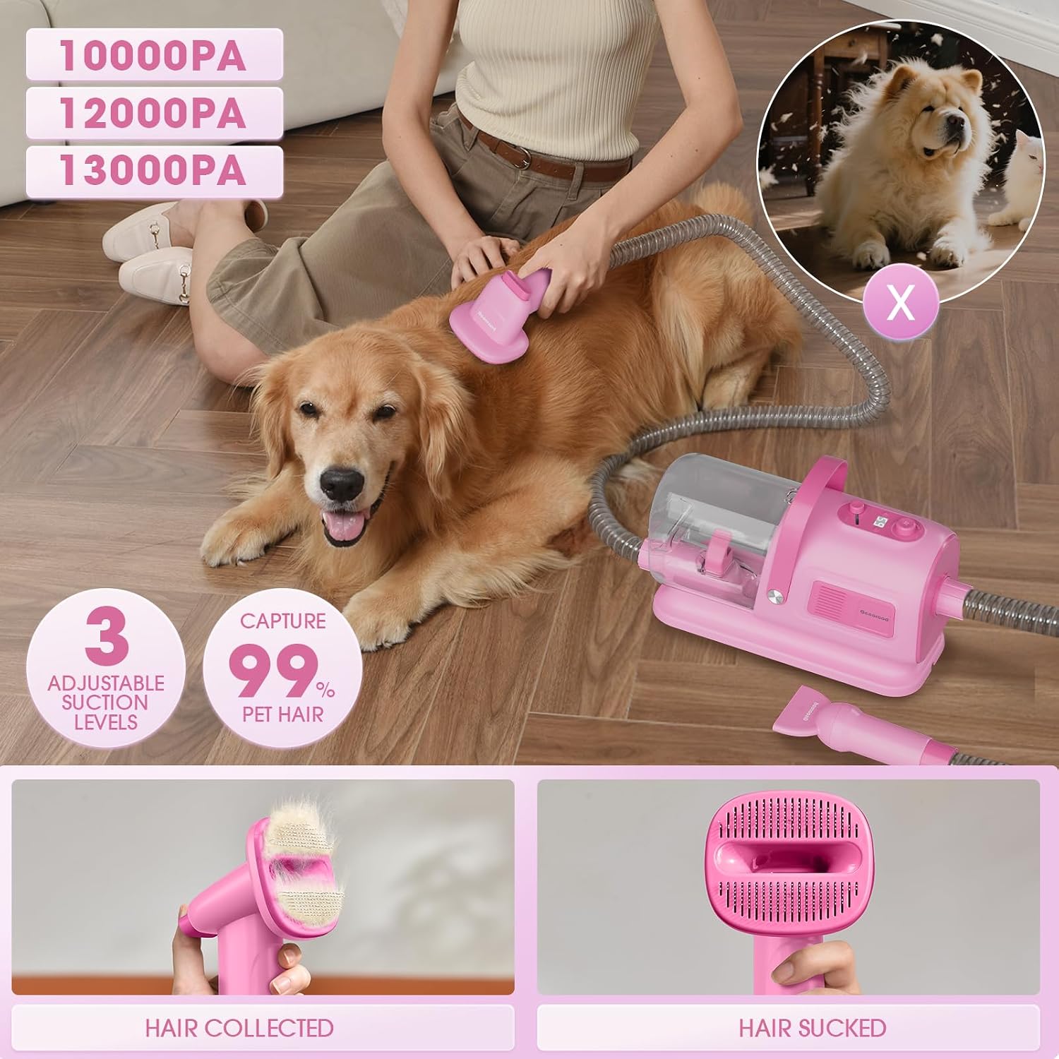 Dog Grooming Vacuum and Dryer Kit, Blower for Pet Vacuum Grooming 7 in 1 with Clippers for Dogs Hair Shedding Brush Remover Tools at Home Pink