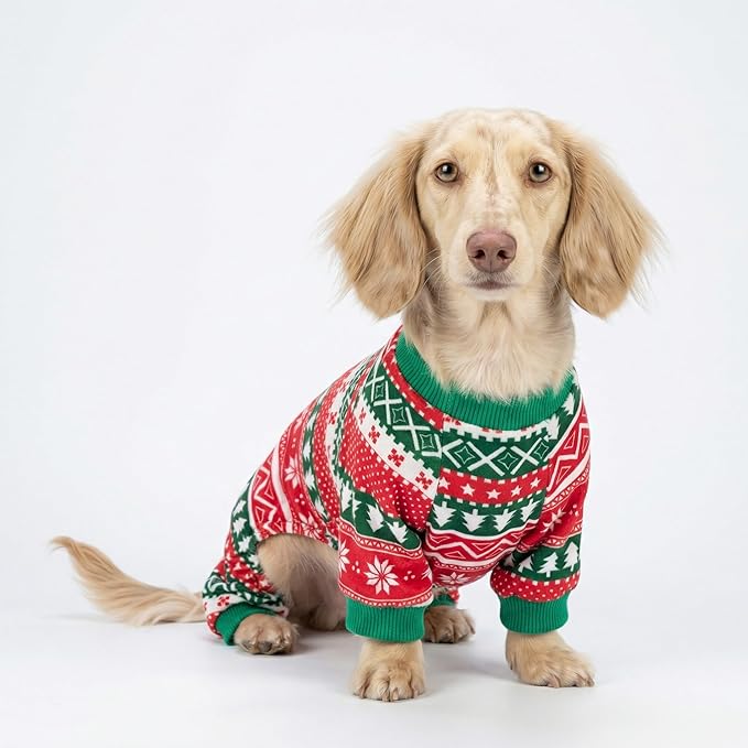 Fitwarm Dog Christmas Outfit, Holiday Pet Clothes for Small Dogs Boy Girl, Festive Pajamas with Feet, Puppy Onesie, Red, Green, Small