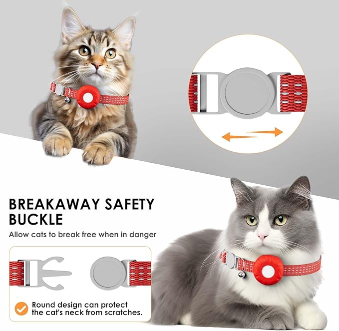 GPS Tracker for Cats, Compatible with Apple Find My App (Only iOS), No Monthly Fee Cat Tracker, Waterproof (White Tracker, Red Cat Collar)