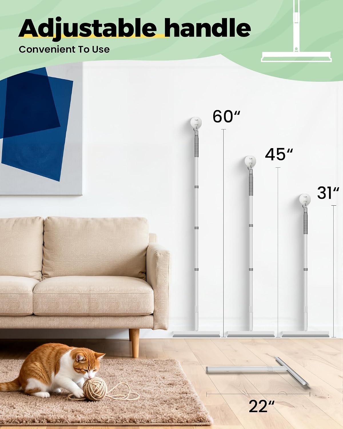 Carpet Rake for Pet Hair Removal Tool - 4 in 1 Pet Hair Remover Kit for Dog Cat Fur Remover, Contain 60" Adjustable Rubber Broom, Glove, Magic Brush and Scraper for Furniture,Short Pile Carpets, Mats