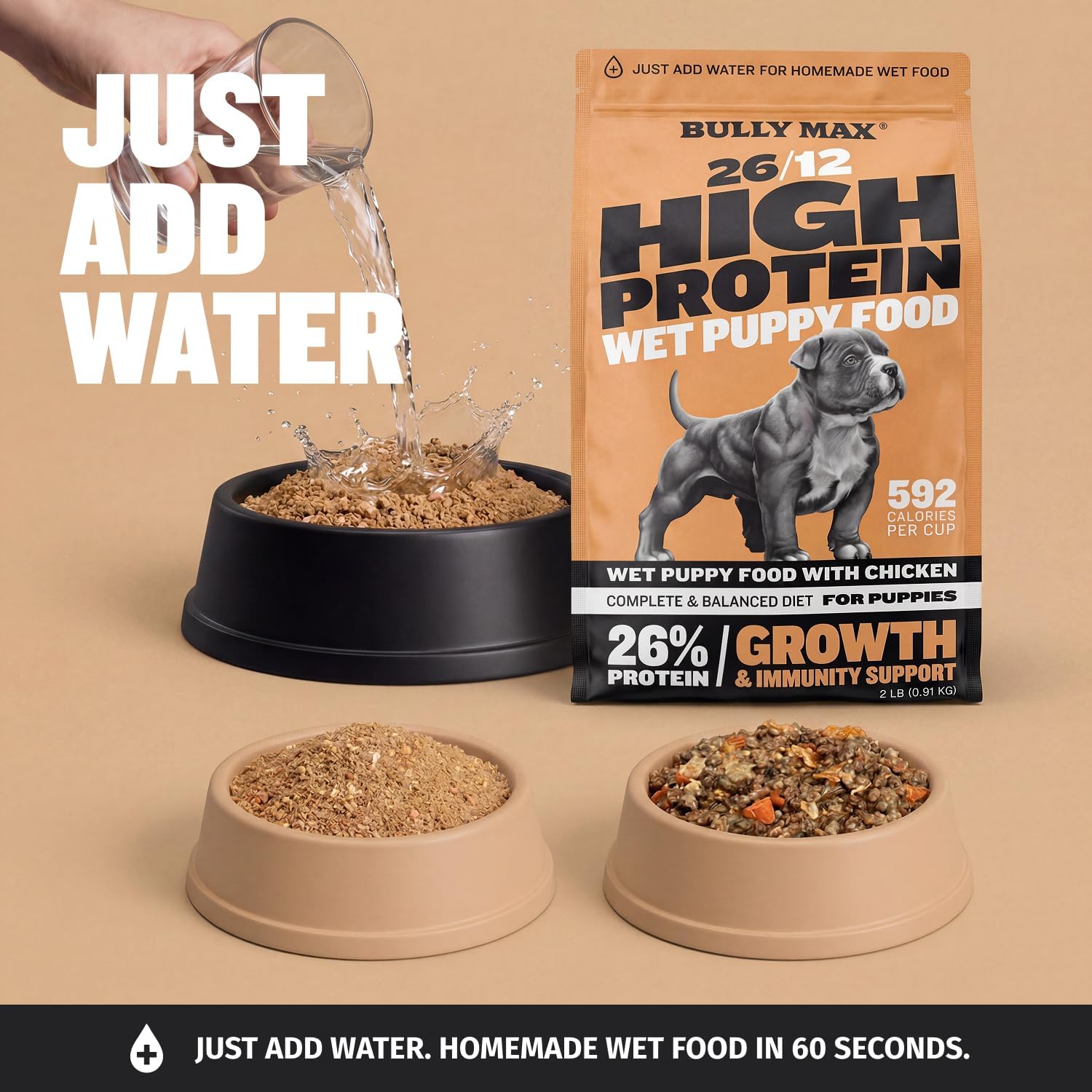 Bully Max Wet Puppy Food - Instant Fresh Dehydrated High Protein Soft Dog Food with Chicken - Healthy Growth for Small & Large Breed Puppies - 2 Dry Dog Food Pounds (Makes 5.5 lbs. of Wet Food)