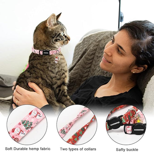 2 Pack Christmas Cat Collars Breakaway with Bell, DOGWONG Safety Buckle Christmas Snowman Cute Cat Collar for Girl Boy Cats，Adjustable 7-12 Inch