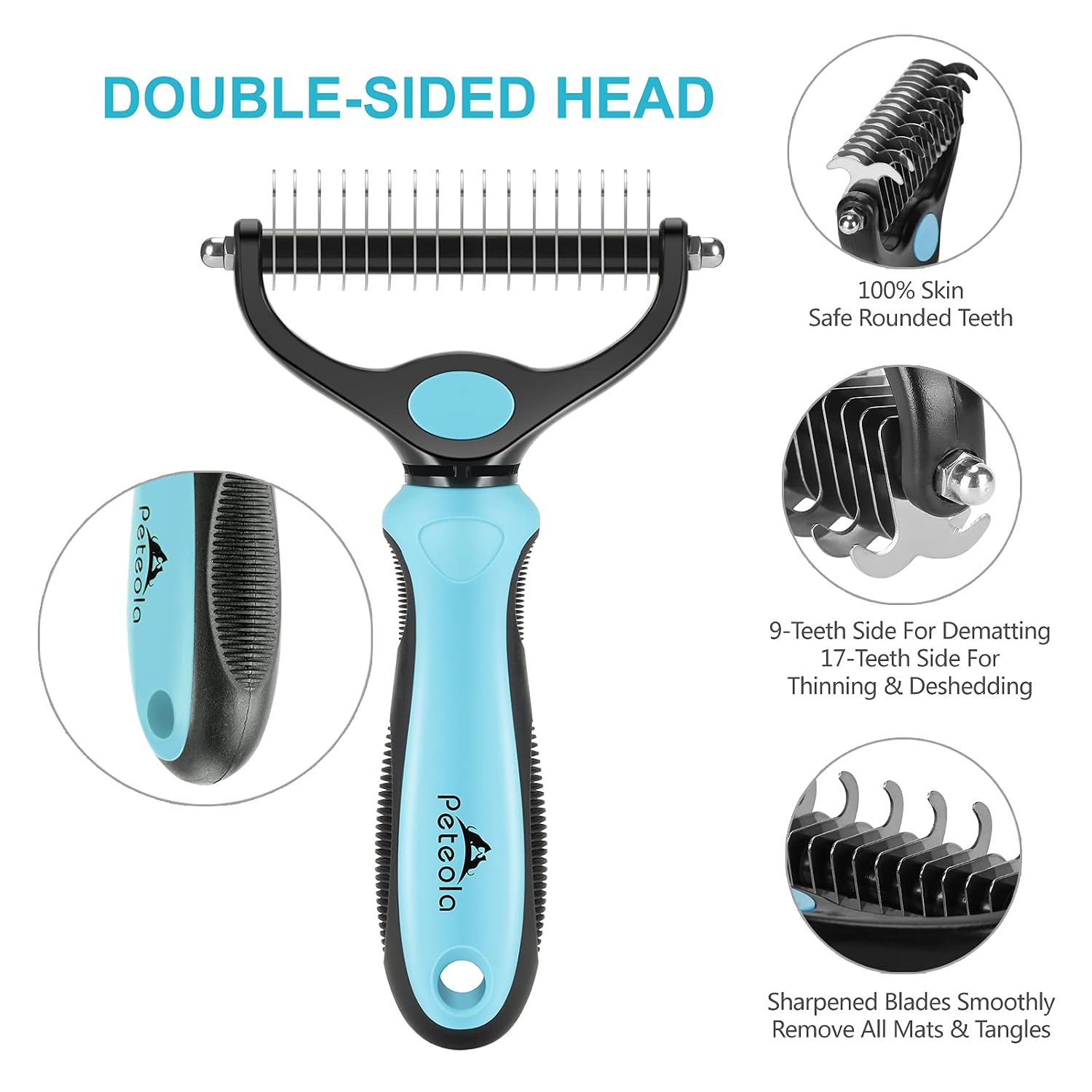 Pet Grooming Brush - 2 Sided Undercoat Rake for Deshedding and Detangling Fur - Safe Shedding Tool for Cats and Dogs (blue)