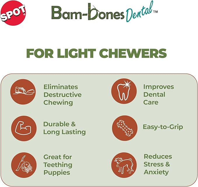SPOT Bam-Bones Dental X-Bone Dog Chew – Bamboo Fiber with Massaging Rubber Center for Teeth Cleaning – 8in, Apple Flavor, for Light Chewers & Teething Puppies Under 40 lbs