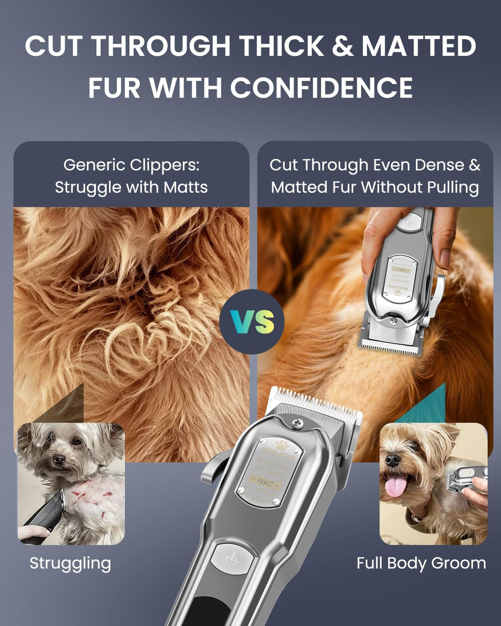 M&M STAR Dog Clippers for Grooming Thick Heavy Coats, All-Metal Body Low Noise Cordless Rechargeable Dog Hair Trimmer, Stainless Steel Blade, Professional Pet Grooming Kit for Dogs & Cats (Silver)