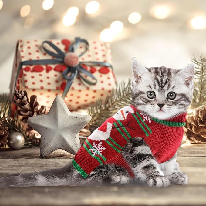 Dog Christmas Sweater Cute Snowman Puppy Cat Costume Boy Girls Xmas Holiday Pet Clothes New Year Outfits Gifts for Small Medium Large Dogs (M, Red Green Stripe Snowman)