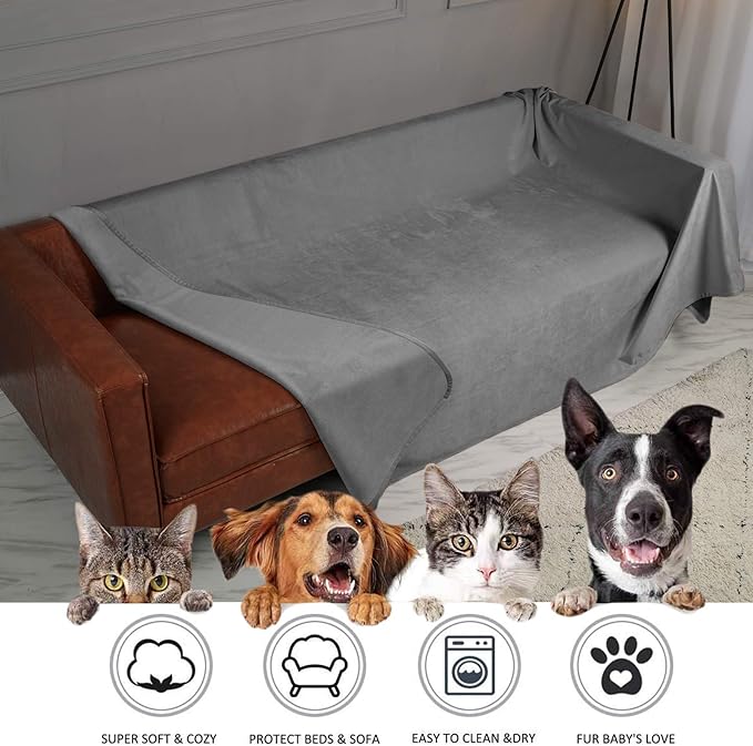 Ameritex Pet Bed Blanket Reversible 100% Waterproof Velvet Super Soft for Sofa and Bed (82x82 Inches, Light Grey+Grey)
