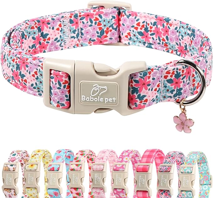 Floral Dog Collar, Cute Girl Dog Collars - Pastel Wildflowers Pattern Spring Summer Puppy Collar, Adjustable Female Dog Collars for Small Medium Large Dogs XL