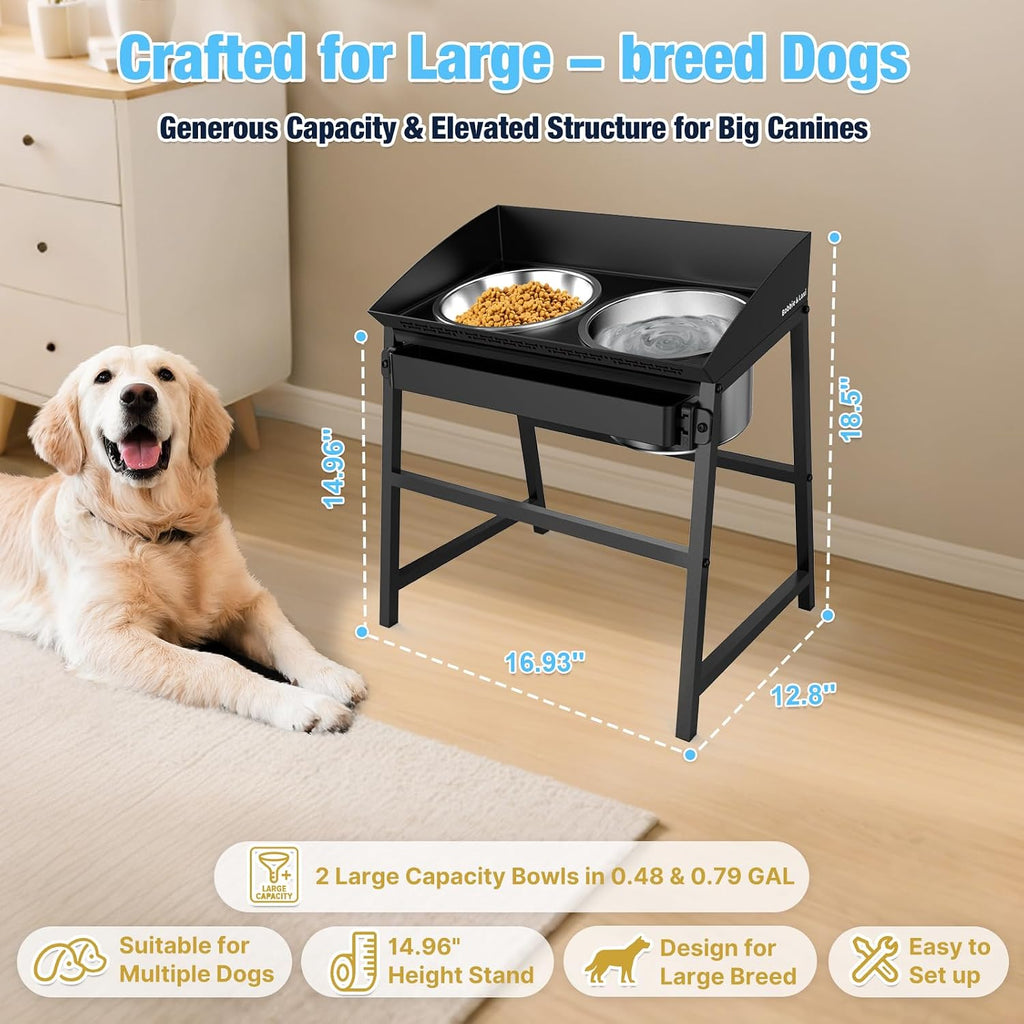 Bobbie & Laxi 15" Tilted Elevated Dog Bowl, Spill-Proof with Plastic Guard | Raised Dog Bowl with Stand;Stainless Steel Dog Food Bowl & Water Bowl Set with Raised Splash Wall;Easy Clean Large Dog Bowl
