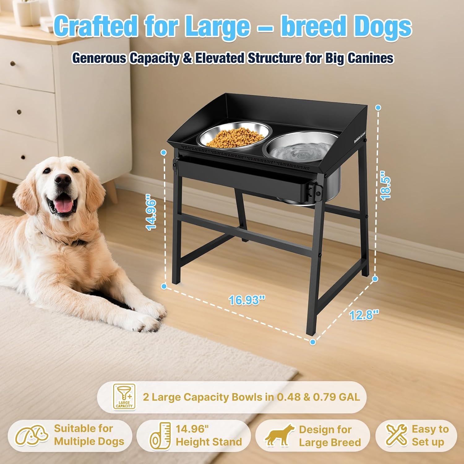 Bobbie & Laxi 15" Tilted Elevated Dog Bowl, Spill-Proof with Plastic Guard | Raised Dog Bowl with Stand;Stainless Steel Dog Food Bowl & Water Bowl Set with Raised Splash Wall;Easy Clean Large Dog Bowl