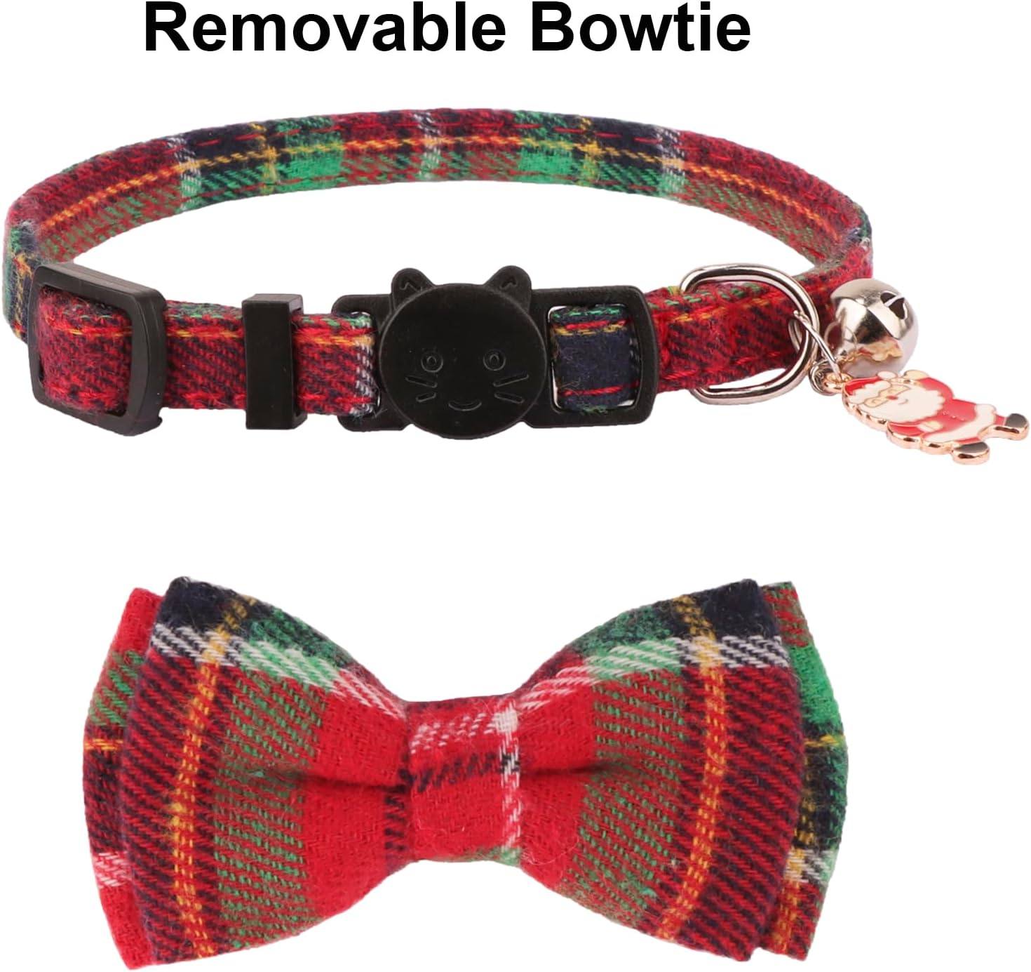 PTDECOR Christmas Cat Collars, Xmas Red Green Plaid Bowtie Collars | Detachable Bow Tie, Safe Breakaway Buckle, Adjustable, 2 Pack Xmas Red Green Charm Bell Christmas Collar for Cats Kittens