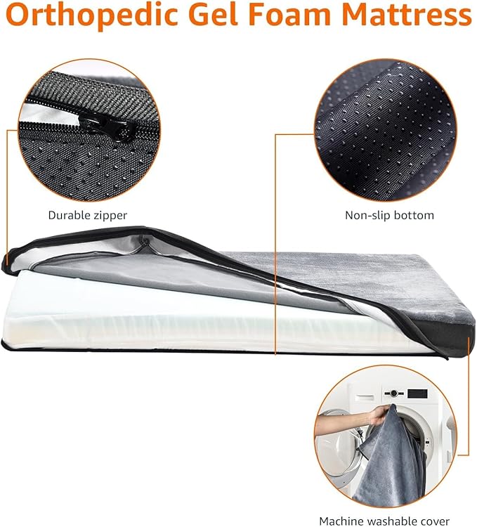 Amazon Basics Dog Bed with Cooling Gel Memory Foam, Machine Washable Removable Cover, Anti-Slip Bottom, Pressure-Relief Support for Dogs up to 90lbs, Extra Large (41" x 29"), Grey