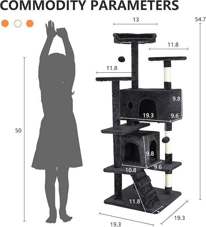 BestPet | 54" Cat Tree Tower | Dark Gray | Sturdy, Easy to Assemble, Multi-Level Activity Center with Sisal Scratching Posts, Condos, Perches, Hanging Cat Toys, Observation Decks & Ladder
