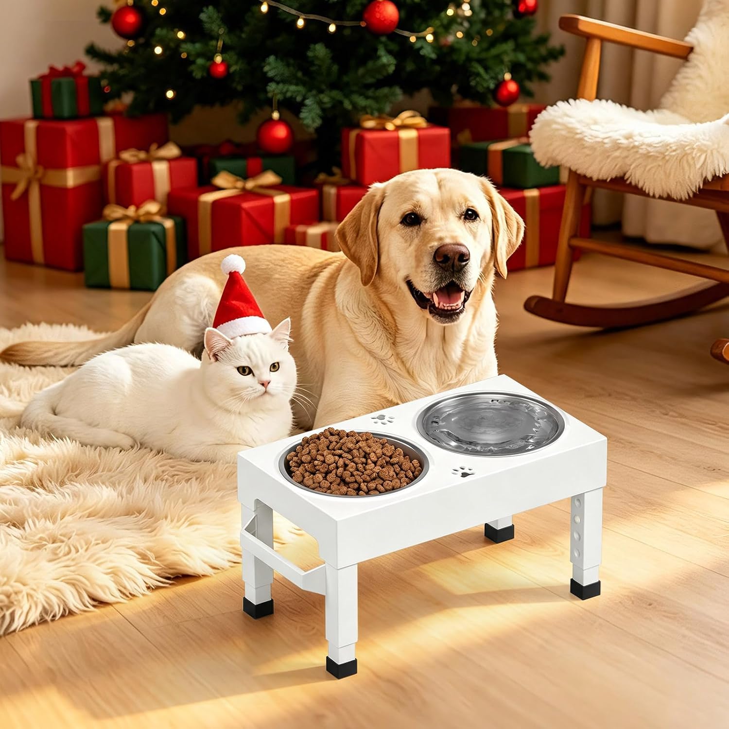 Elevated Dog Bowls Stand Large Breed, Height Adjustable Raised Dog Bowls Holder with 2 Stainless Steel Food Bowls for Small, Medium and Large Canine，White