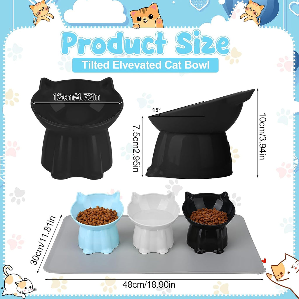 3 Pcs Elevated Cat Bowls 15°Raised Cat Food Bowl with Silicone Mat Blue | Whisker Friendly Anti Vomiting Cats Dishes Pet Food and Water Bowls for Indoor Cats Kittens