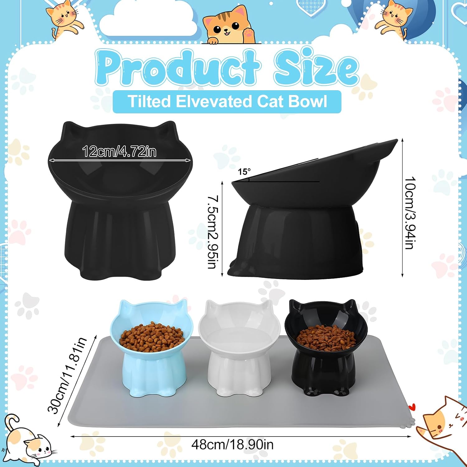 3 Pcs Elevated Cat Bowls 15°Raised Cat Food Bowl with Silicone Mat Blue | Whisker Friendly Anti Vomiting Cats Dishes Pet Food and Water Bowls for Indoor Cats Kittens