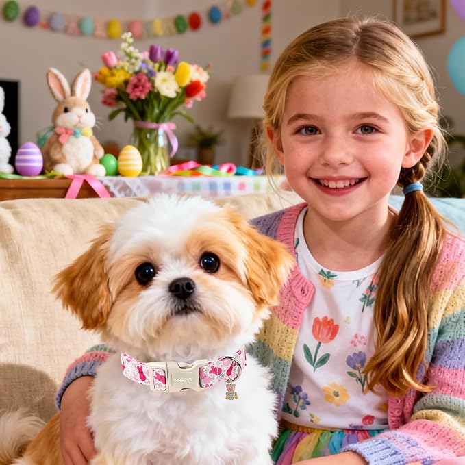 DOGWONG Easter Dog Collar, Cute Easter Pink Bunny Pet Collar Durable Holiday Girl Boy Adjustable Cotton Dog Collars for Small Medium Dogs,M Visit The Elegant Little Tail Store