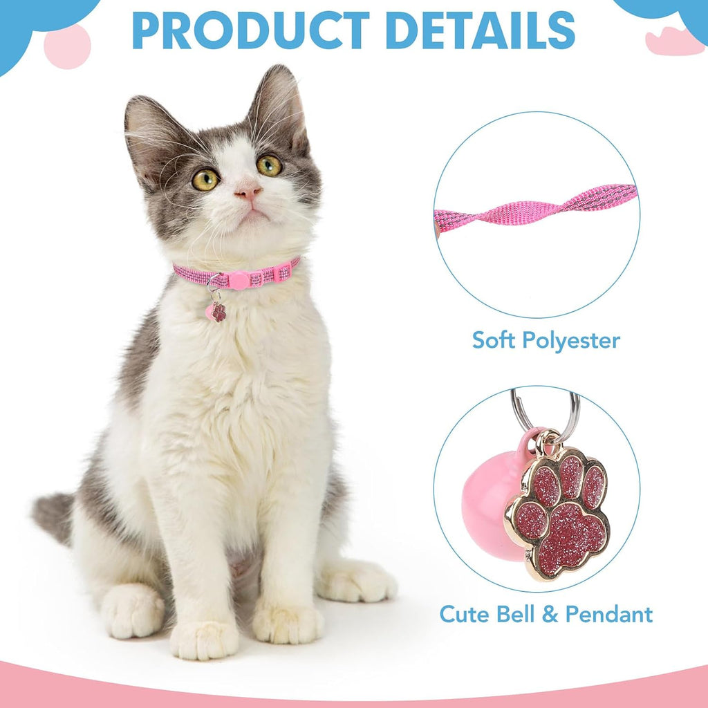 BINGPET Reflective Cat Collar Breakaway with Bells,3 Pack Kitten Collar for Girl Boy Cats with Cute Pendant Glow in The Dark,Adjustable 8''-11.8'',Pink