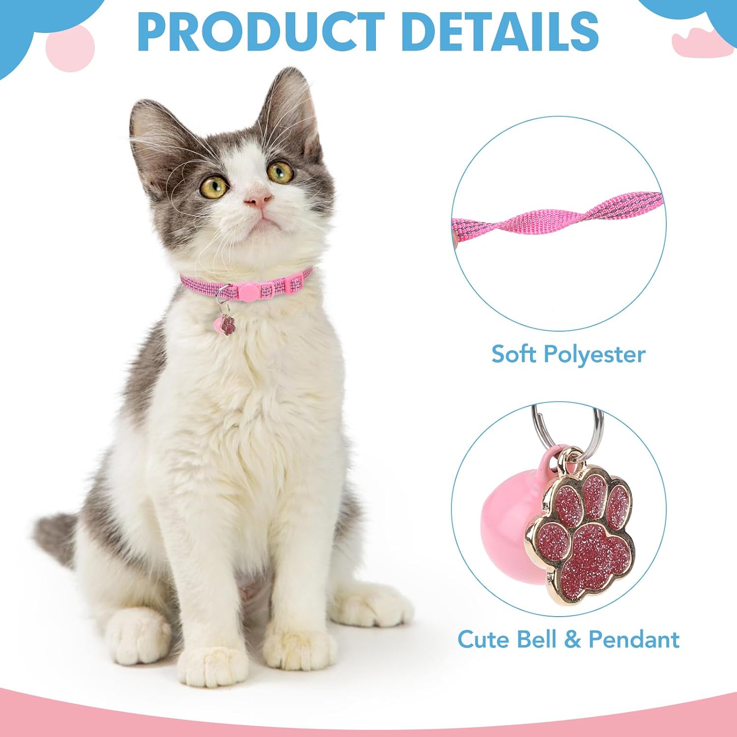 BINGPET Reflective Cat Collar Breakaway with Bells,3 Pack Kitten Collar for Girl Boy Cats with Cute Pendant Glow in The Dark,Adjustable 8''-11.8'',Pink