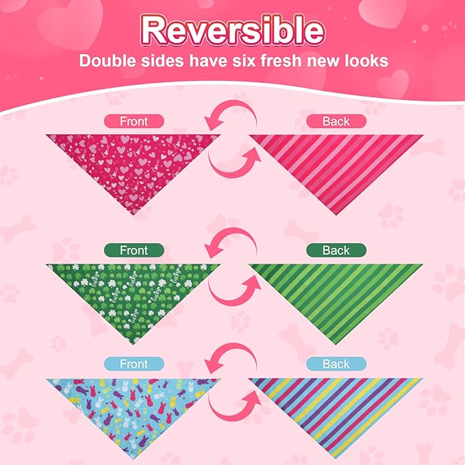 Valentines Dog Bandana St Patricks Day and Easter Dog Bandana XLarge 3PCS, Colorful Scarf for Boy and Girl, Triangle Reversible Bibs.