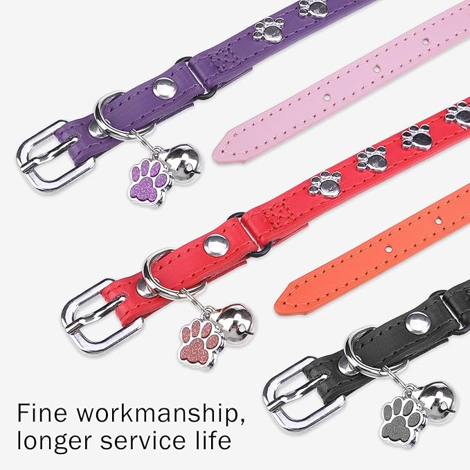 SCENEREAL Cat Collar with Bells, Leather Cat Collars with Paw Studded, Adjustable Pet Collars for Boy Girl Cats,Soft Cute Cat Collar for Kitty Puppy Small Big Cats, Red