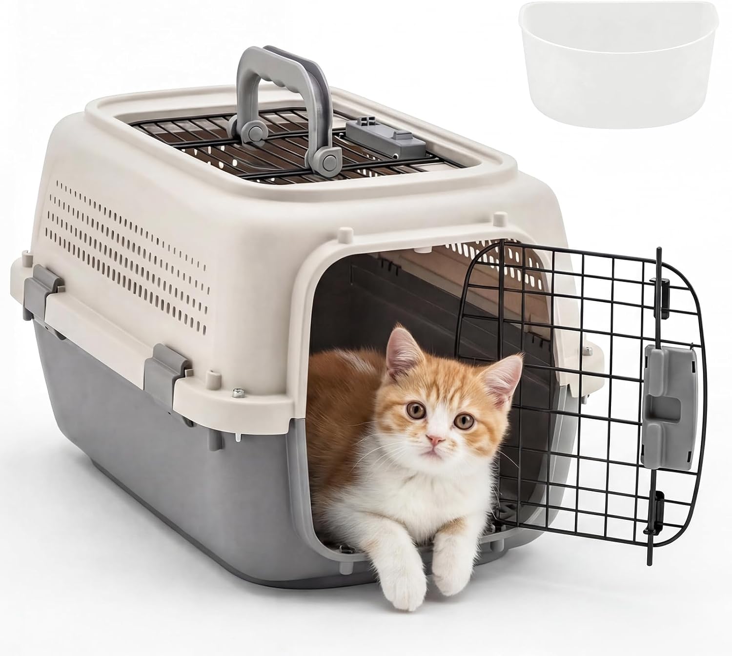 DUMOS 23" Hard-Sided Pet Carrier for Small Pets, 2 Door Cat Carrier, Beige | Airline Approved Dog Crate, Enhanced Security Latches, Front & Top Load Wire Door, Food Bowl for Traveling, Hiking, Camping