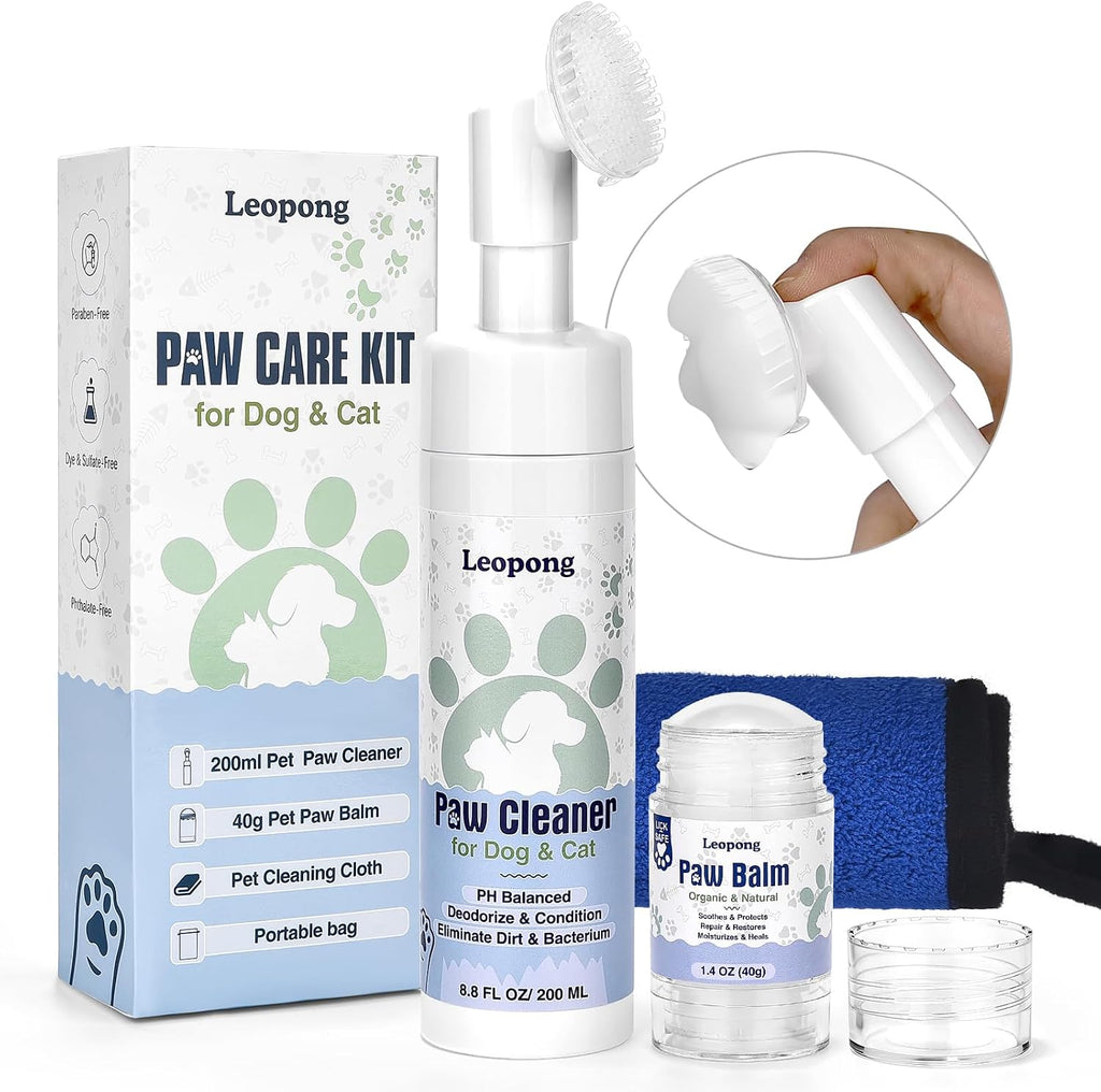 Leopong Dog Paw Cleaner Kit with Paw Balm, No-Rinse Foam, Silicone Brush | Removes Dirt While Moisturizing Paws